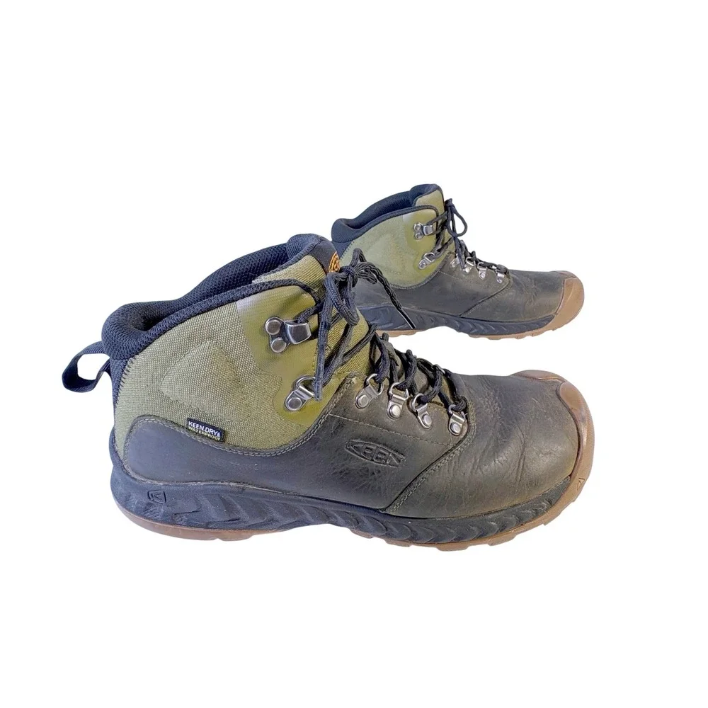 Keen Dry Waterproof Hiking Boots Mens 12 Green Black Leather Mid Trail Shoes